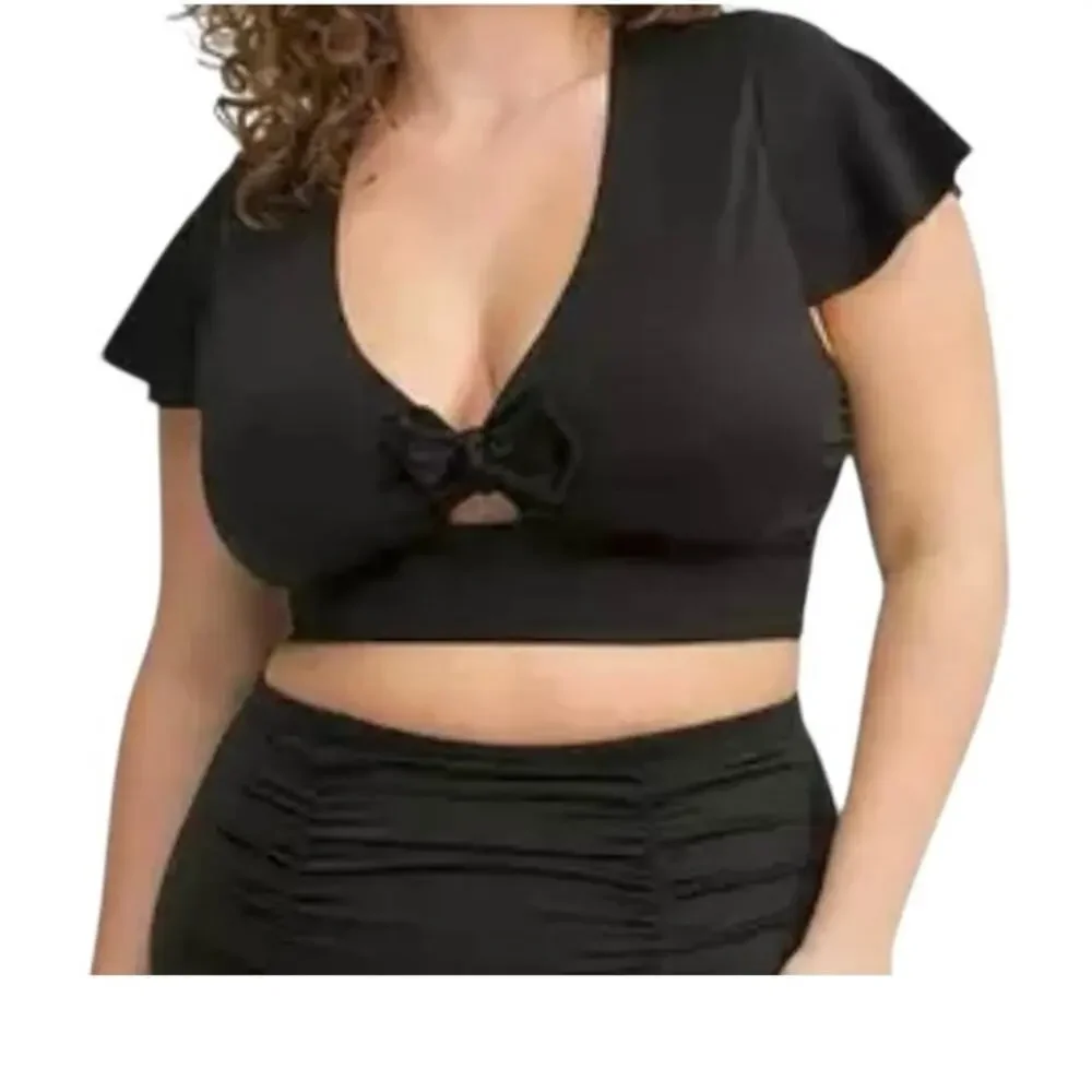 Torrid 3 wireless flutter sleeve faux tie keyhole swim top SW 2820 - Picture 1 of 10